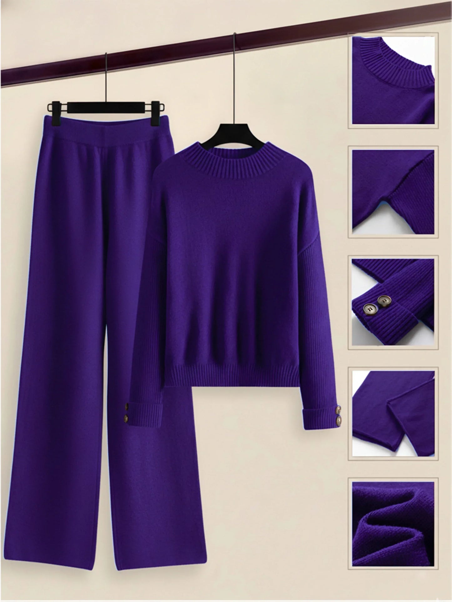 Damen Zweiteiler-Set mit Seitenstreifen – Rundhals Pullover & Gerade Hose, Weiche Freizeitkleidung für Herbst & Winter - FUXLShop