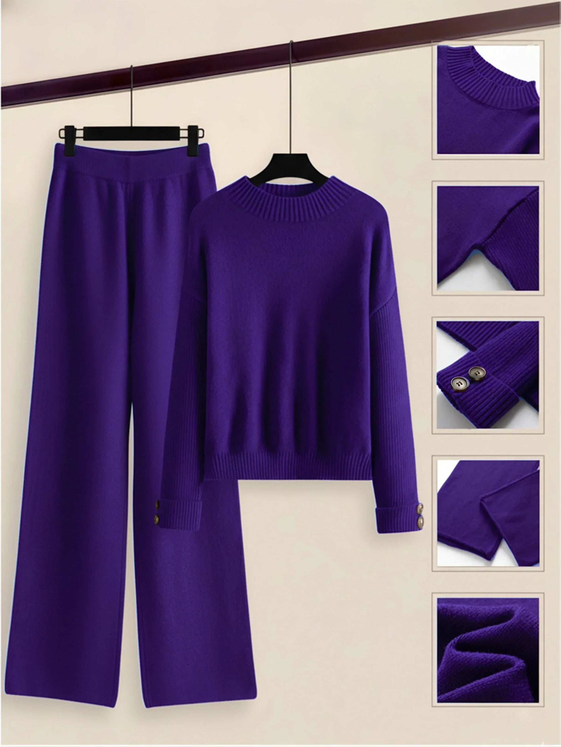 Damen Zweiteiler-Set mit Seitenstreifen – Rundhals Pullover & Gerade Hose, Weiche Freizeitkleidung für Herbst & Winter - FUXLShop