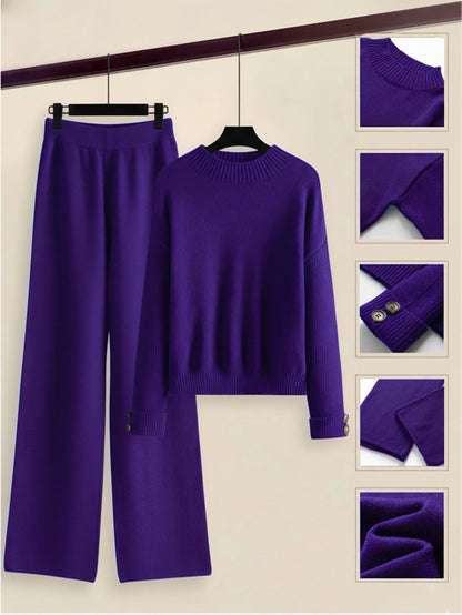 Damen Zweiteiler-Set mit Seitenstreifen – Rundhals Pullover & Gerade Hose, Weiche Freizeitkleidung für Herbst & Winter - FUXLShop