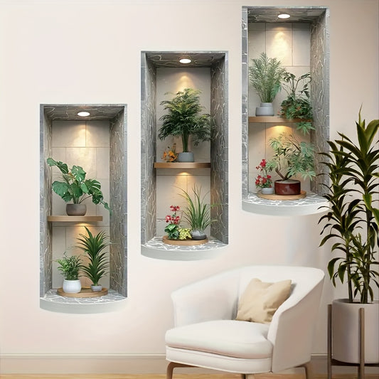 3er-Set 3D Wandsticker mit Blumentopf – Selbstklebend, leicht anzubringen & zu entfernen – Deko für Wohnzimmer, Schlafzimmer, Esszimmer