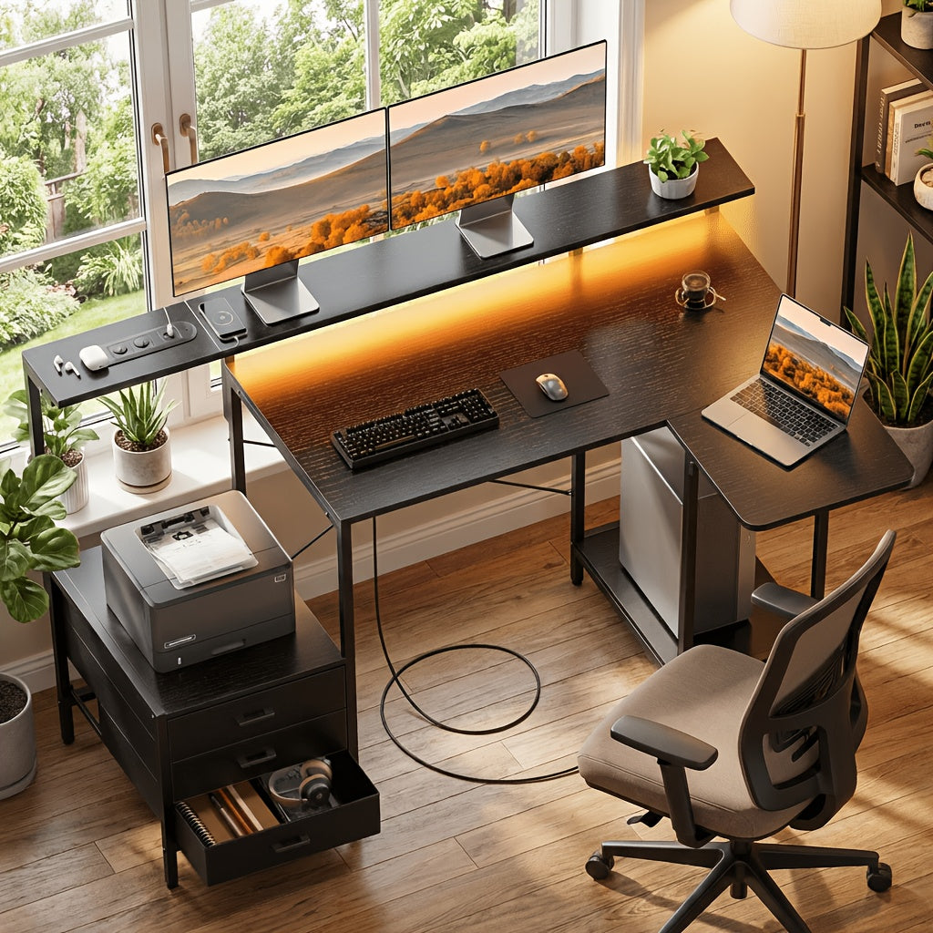 Gaming-Schreibtisch 140 cm mit LED-Beleuchtung & Steckdose – Monitorständer, 3 Stoffschubladen, klappbares Regal