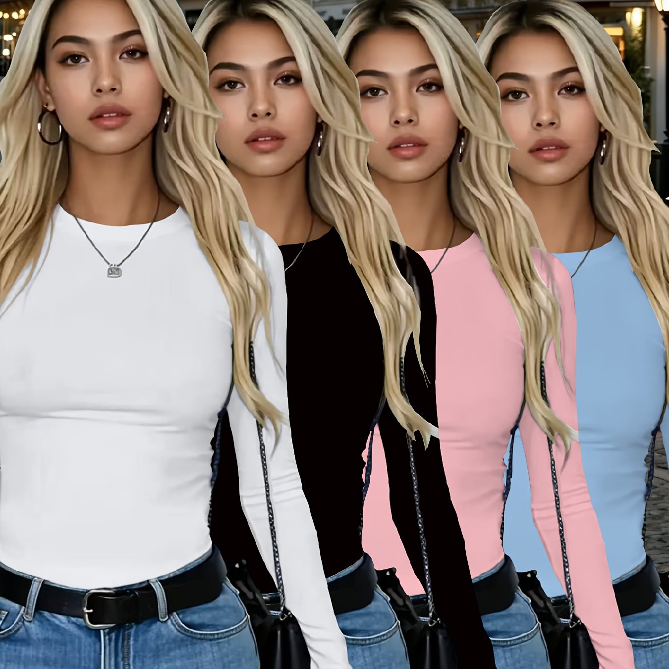 4er-Pack Damen Langarmshirts Rundhals – Stretch Basic-Tops Uni-Farben