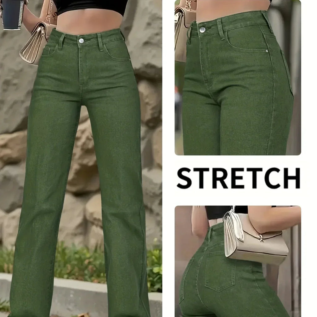 Army Green Stretch-Jeans – Straight Leg, High Waist, Casual Fit - FUXLShop