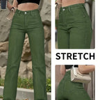 Army Green Stretch-Jeans – Straight Leg, High Waist, Casual Fit - FUXLShop