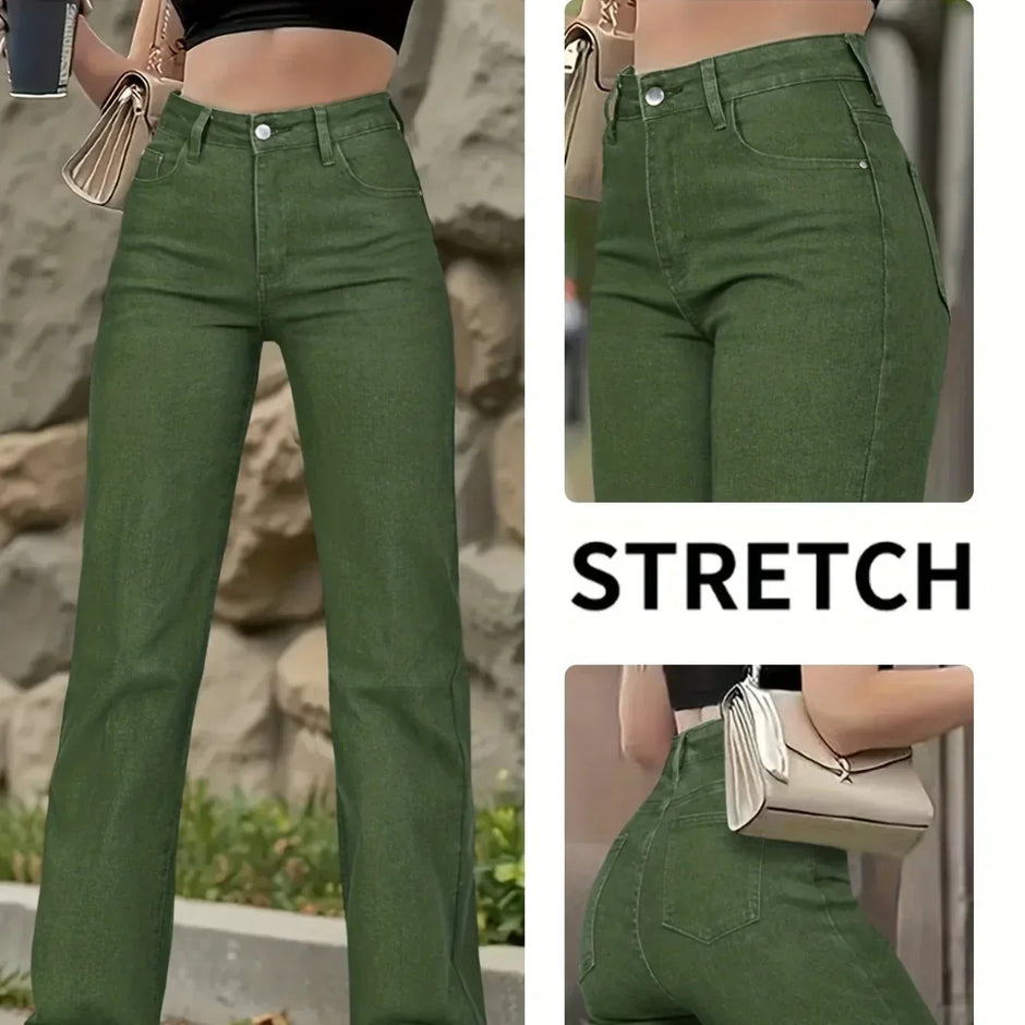 Army Green Stretch-Jeans – Straight Leg, High Waist, Casual Fit - FUXLShop