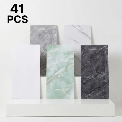 Set aus 41 marmor wandpaneele selbstklebend in grau, weiß, hellgrün und schwarz aus schaumstoff, abwischbar und zuschneidbar