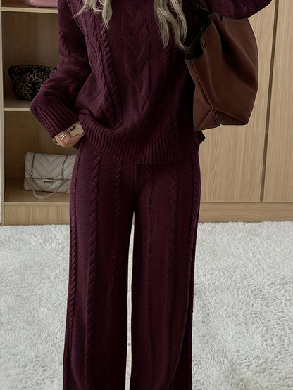 Damen Crewneck Langarmtop & einfarbige Hose – Karminrot, Cozy Outfit