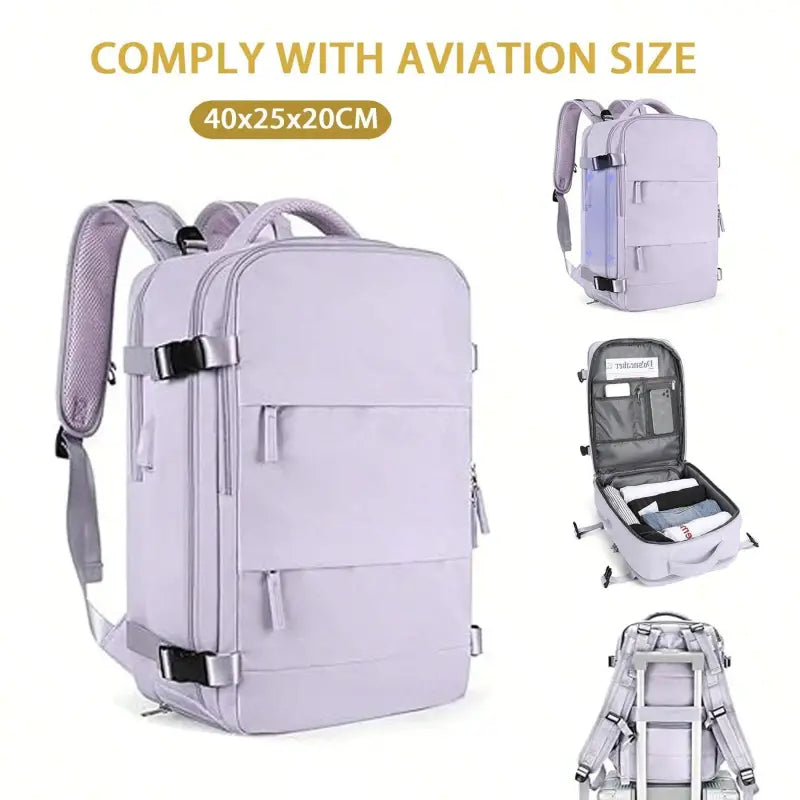 Light lila reiserucksack 40x20x25 cm mit grauen mesh-ruckengurten und schwarzen schnallen handgepäck erweiterbar airline-konform