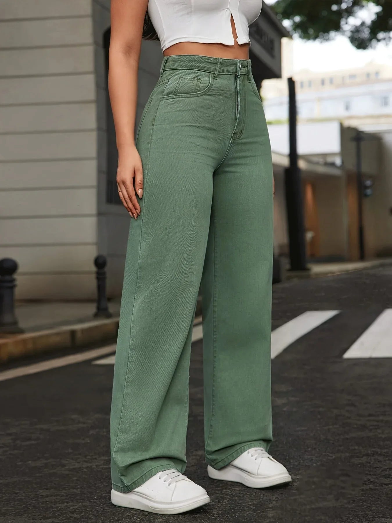 Damen High-Waist Wide-Leg Jeans – Stretch, Army Green, Casual - FUXLShop