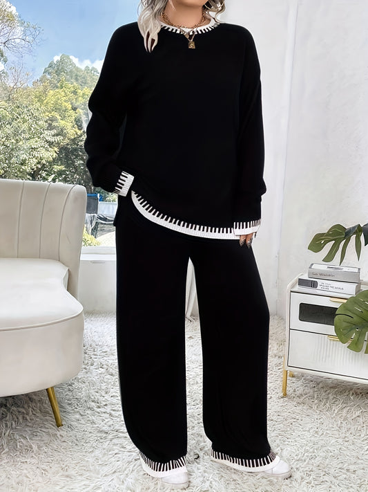 Plus Size Damen Outfit – Braun & Colorblock Sweater & Hose Set | Stretch, Rundhals, Langarm, All Season Casual Look