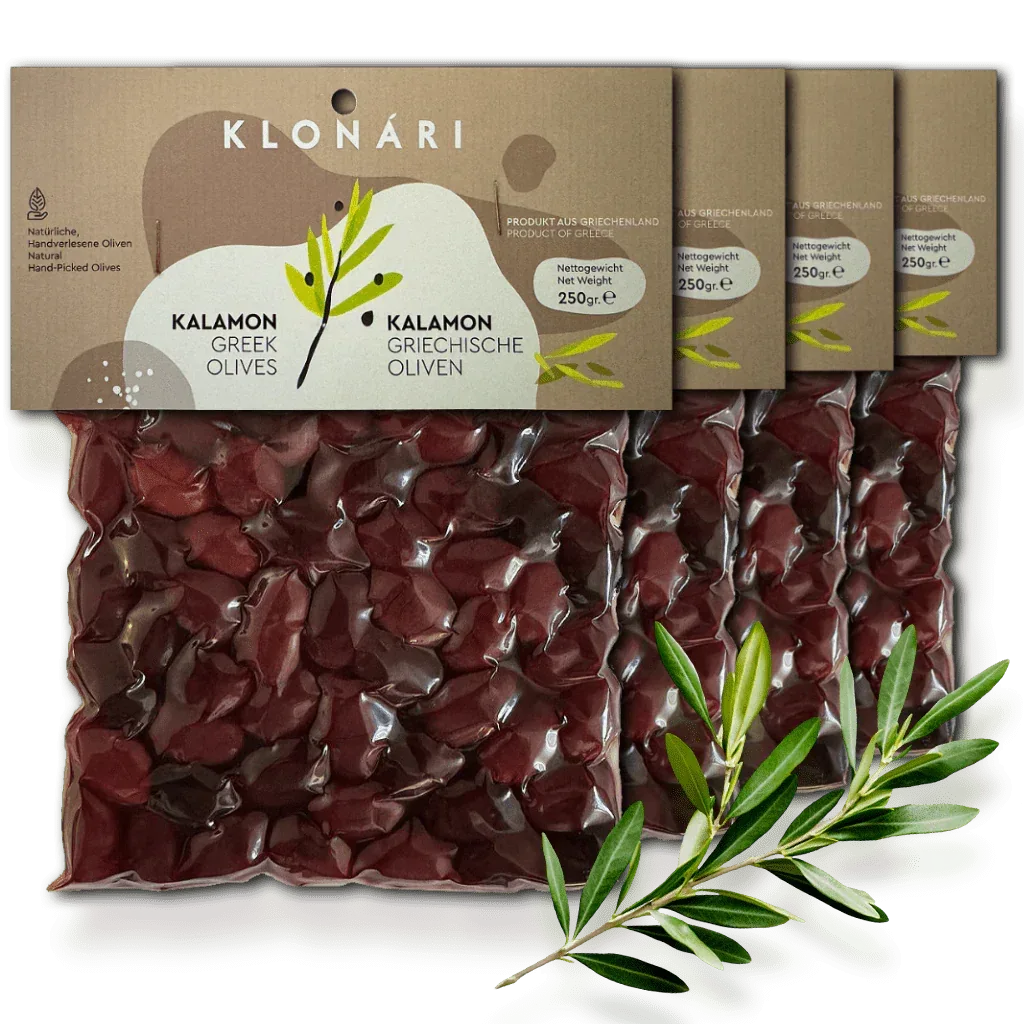 Kalamata Oliven mit Stein 4x 250g - Handverlesen aus Griechenland - Glutenfrei - FUXLShop