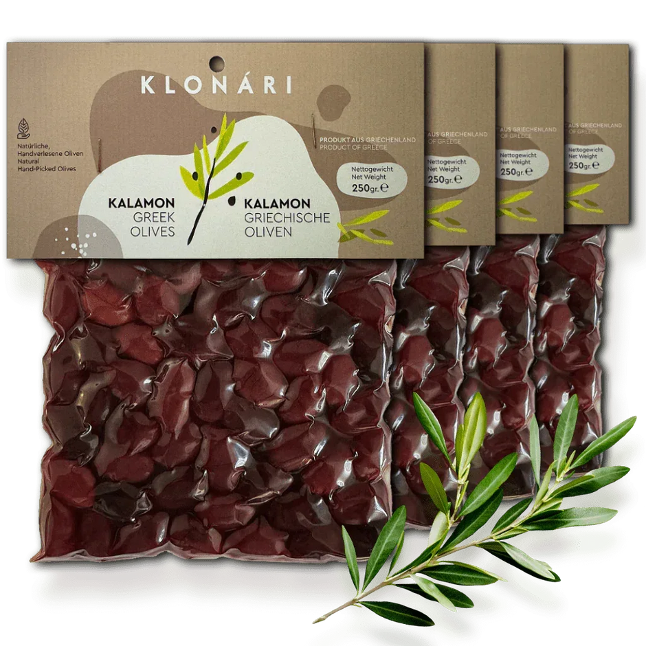 Kalamata Oliven mit Stein 4x 250g - Handverlesen aus Griechenland - Glutenfrei - FUXLShop