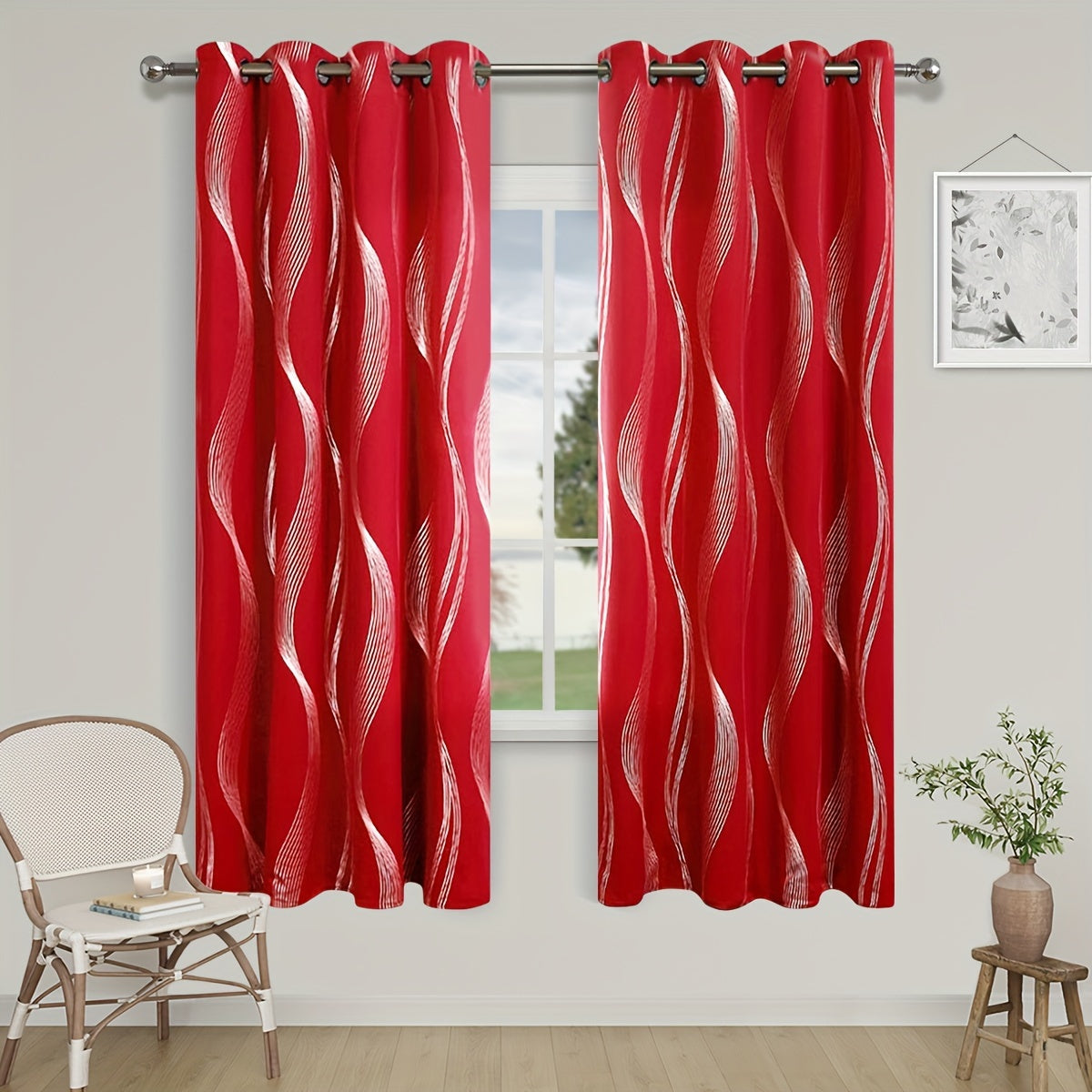 Verdunkelungsvorhänge Schwarz-Weiß Wellenmuster 2er Set - Ösenvorhänge