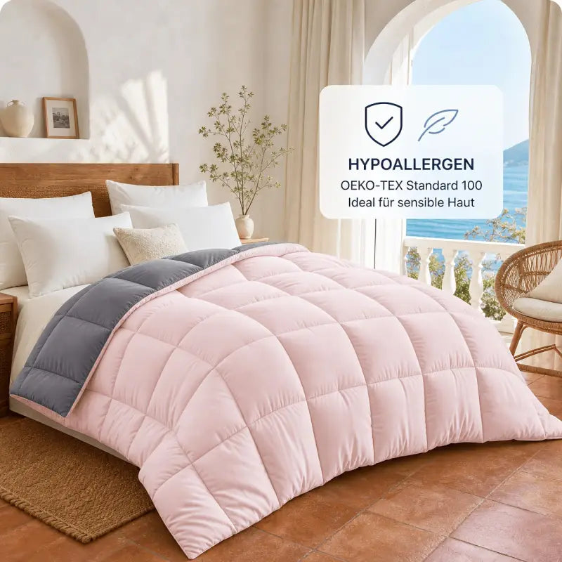 Wendbare mikrofaser-ganzjahresdecke in rosa und grau mit weicher, gesteppter oberfläche ideal für allergiker online bestellen