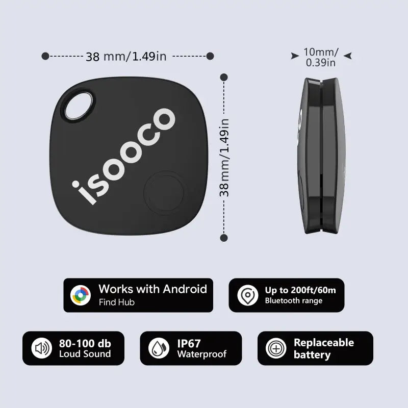 Schwarzer isooco mini gps tracker mit abgerundeten ecken und weißem logo dual-system ip67 diebstahlschutz