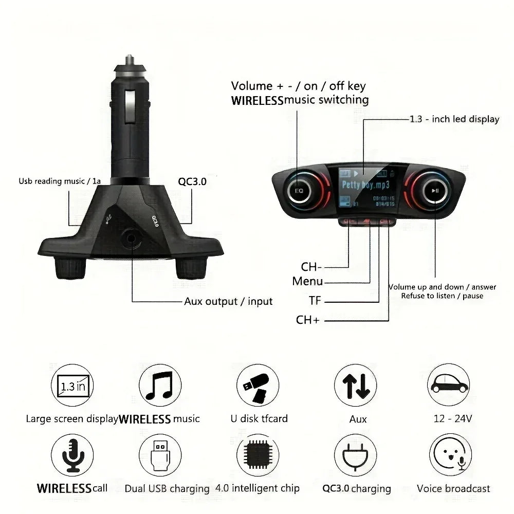 Auto FM Transmitter Bluetooth mit USB Ladegerät - Freisprecheinrichtung & MP3 Player für KFZ - FUXLShop