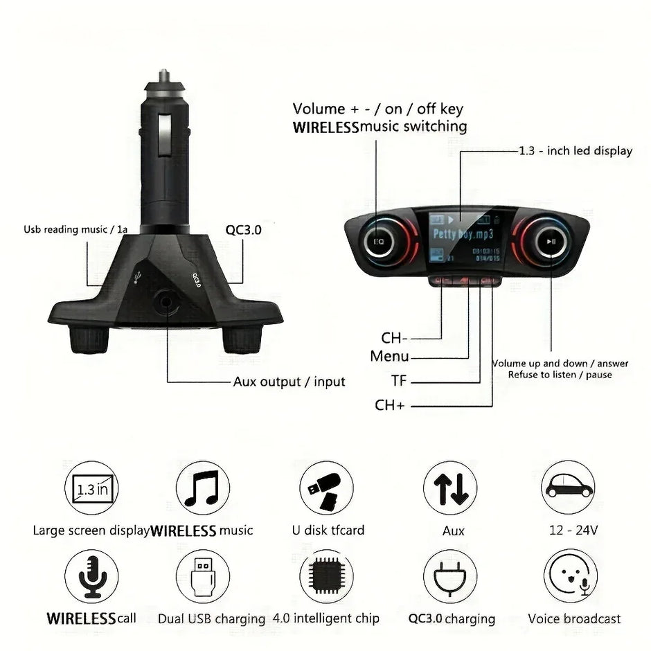 Auto FM Transmitter Bluetooth mit USB Ladegerät - Freisprecheinrichtung & MP3 Player für KFZ - FUXLShop