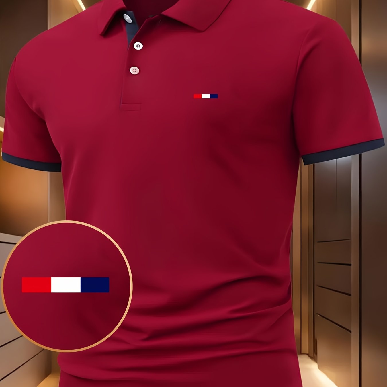 Herren -Shirt Rot mit weiß-blauem Muster – Kurzarm, Knopfkragen, leicht dehnbar, ideal für Sommer & Freizeit