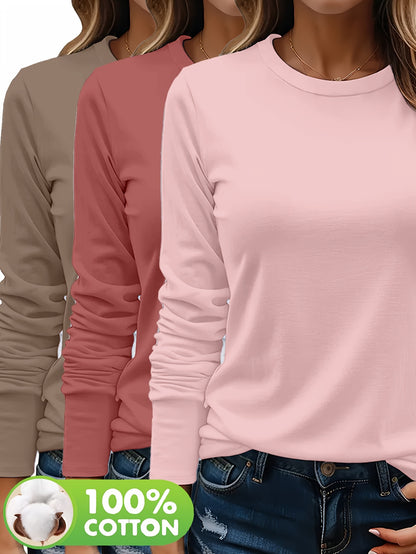 3er-Set Damen Langarmshirts aus 100 % schwerer Baumwolle – weich, langlebig, maschinenwaschbar – unifarben, bequem, für Alltag & jede Saison