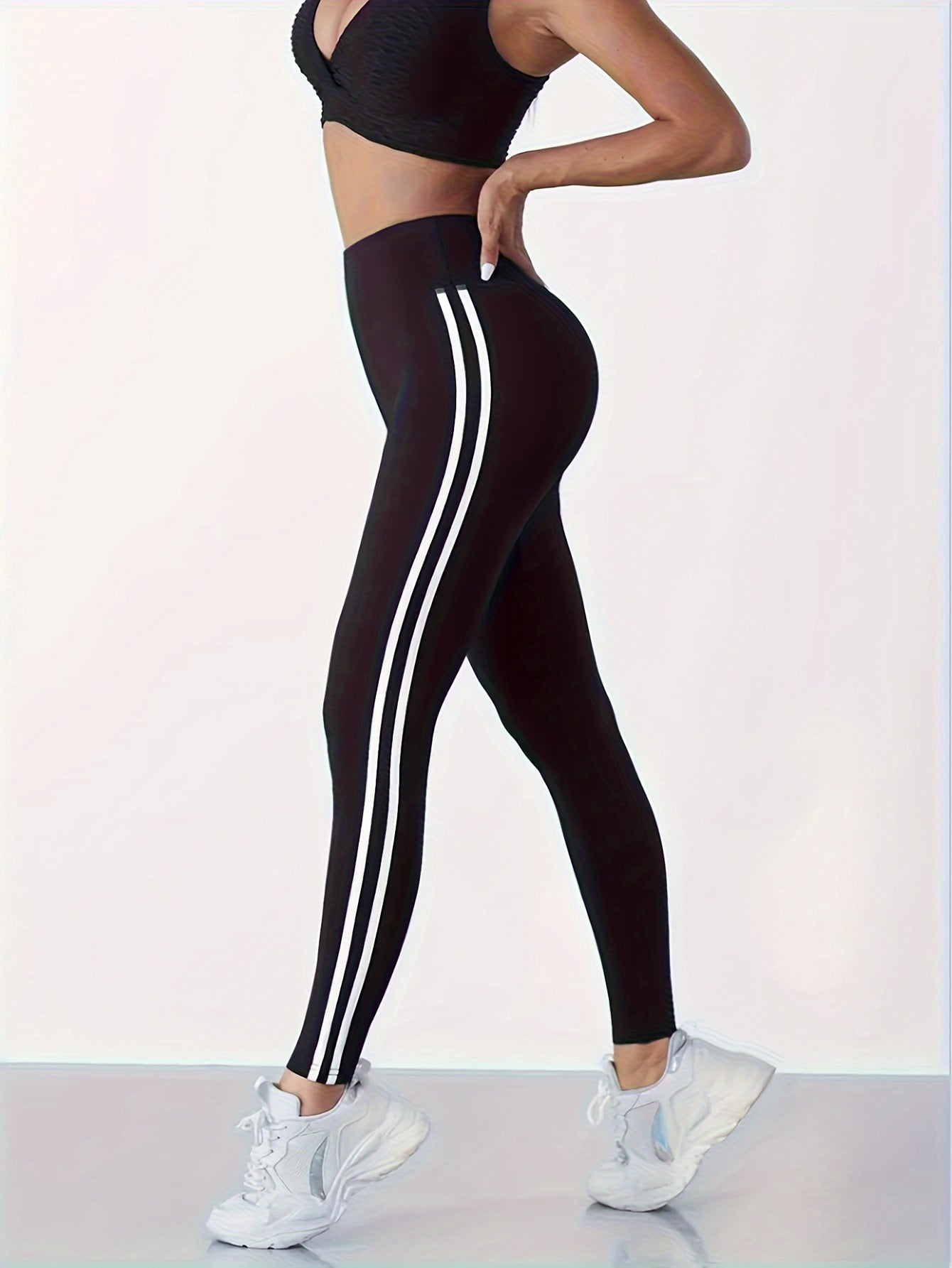 Schlankmachende Sportleggings mit hoher Taille und zwei Streifen für Damen, geeignet für den Außenbereich im Frühjahr und Herbst 2024, dehnbare, enge Yoga-Fitness-Hose mit Knöchellänge. - FUXL-Shopify 