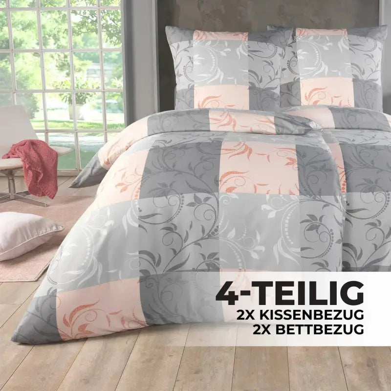 Graues und blush rosa bettwäsche-set 135x200 4-teilig mit patchwork und eleganter blumenstickerei allergikerfreundlich