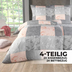 Graues und blush rosa bettwäsche-set 135x200 4-teilig mit patchwork und eleganter blumenstickerei allergikerfreundlich