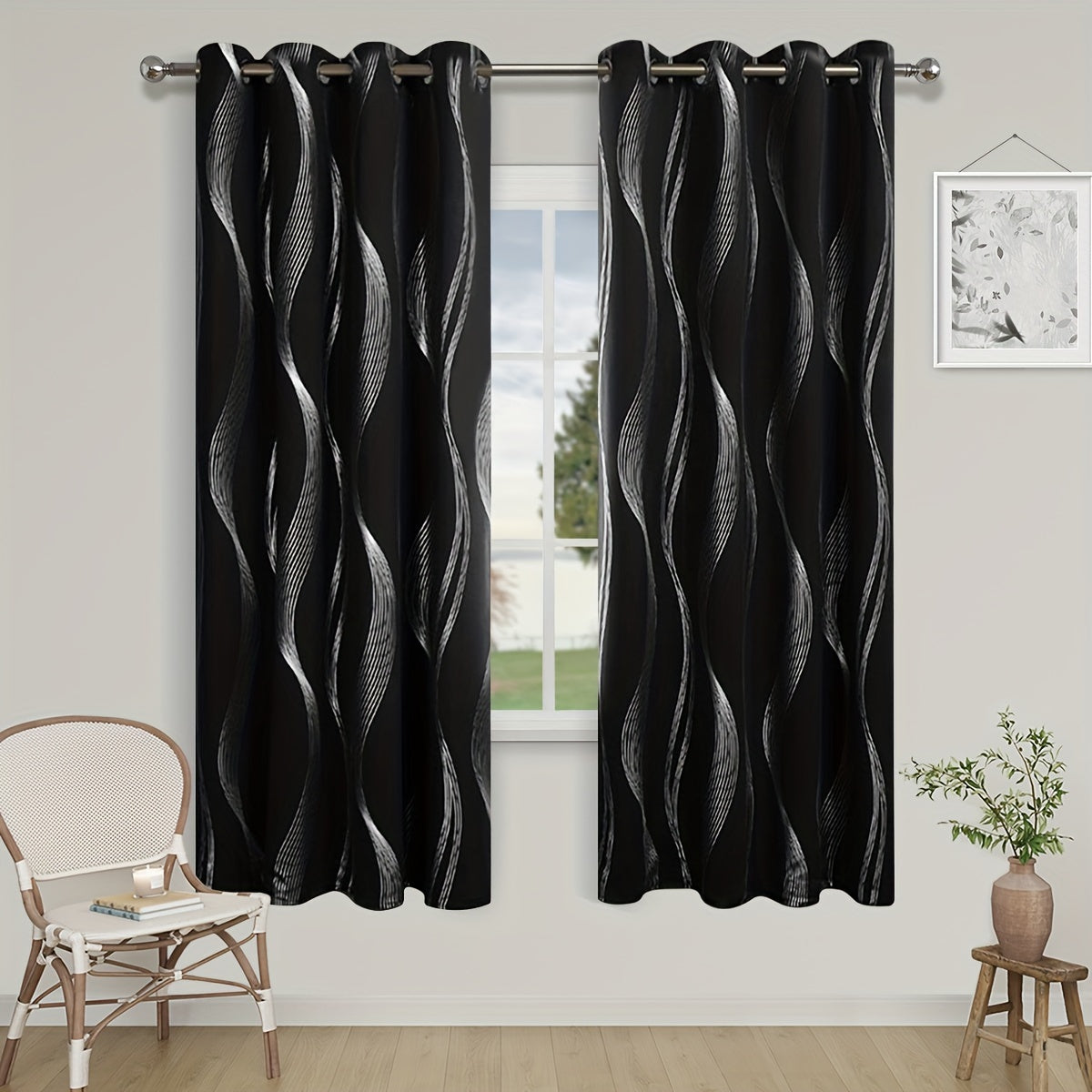 Verdunkelungsvorhänge Schwarz-Weiß Wellenmuster 2er Set - Ösenvorhänge