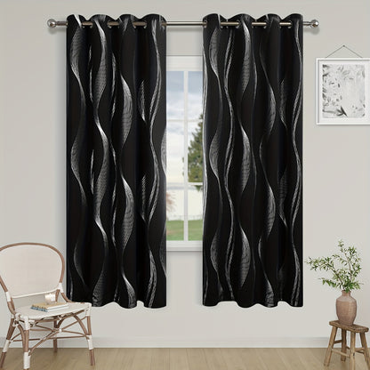 Verdunkelungsvorhänge Schwarz-Weiß Wellenmuster 2er Set - Ösenvorhänge
