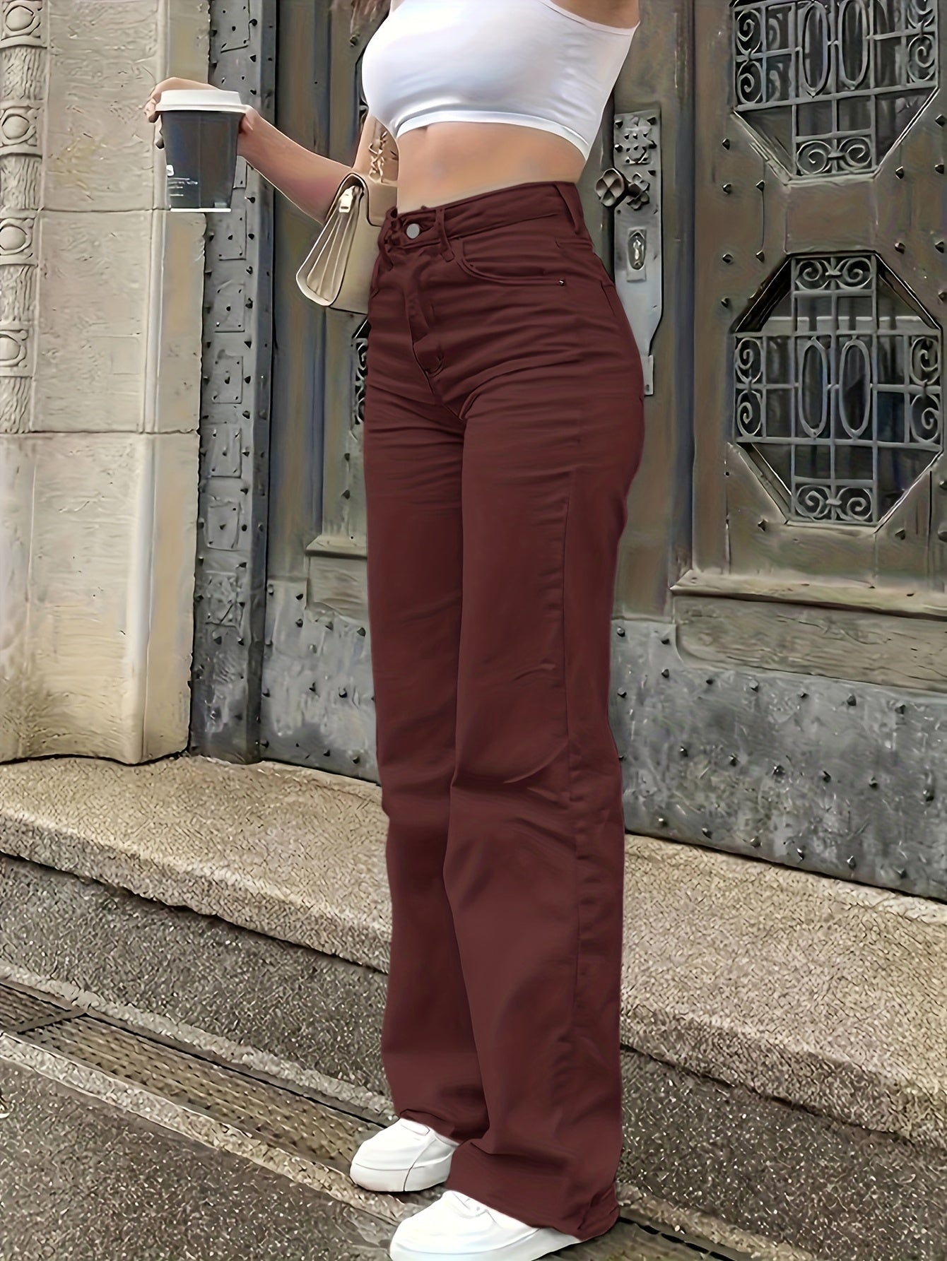 Deep Red Straight-Leg Hose Damen Stretch-Baumwolle – Elegant & Ganzjährig