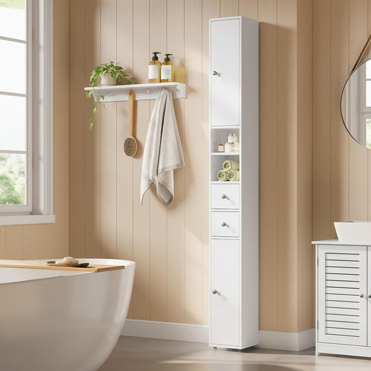 Schmaler Badezimmerschrank Weiß 20x180x20cm - Hochschrank mit Schubladen & verstellbaren Regalen