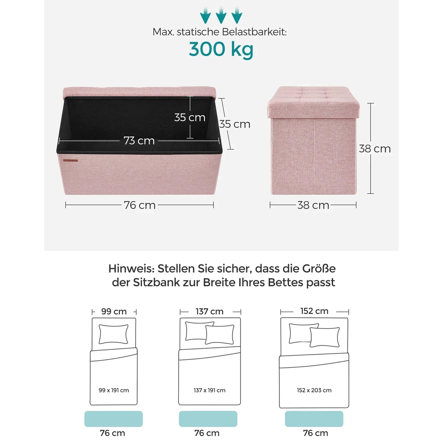 Sitzbank mit Stauraum – Faltbarer Hocker Ottoman 76x38x38cm, bis 300kg belastbar - FUXLShop