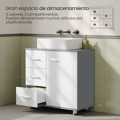 Waschtisch-Unterschrank 60x60x30cm Weiß-Grau - 3 Schubladen & 2 Fächer