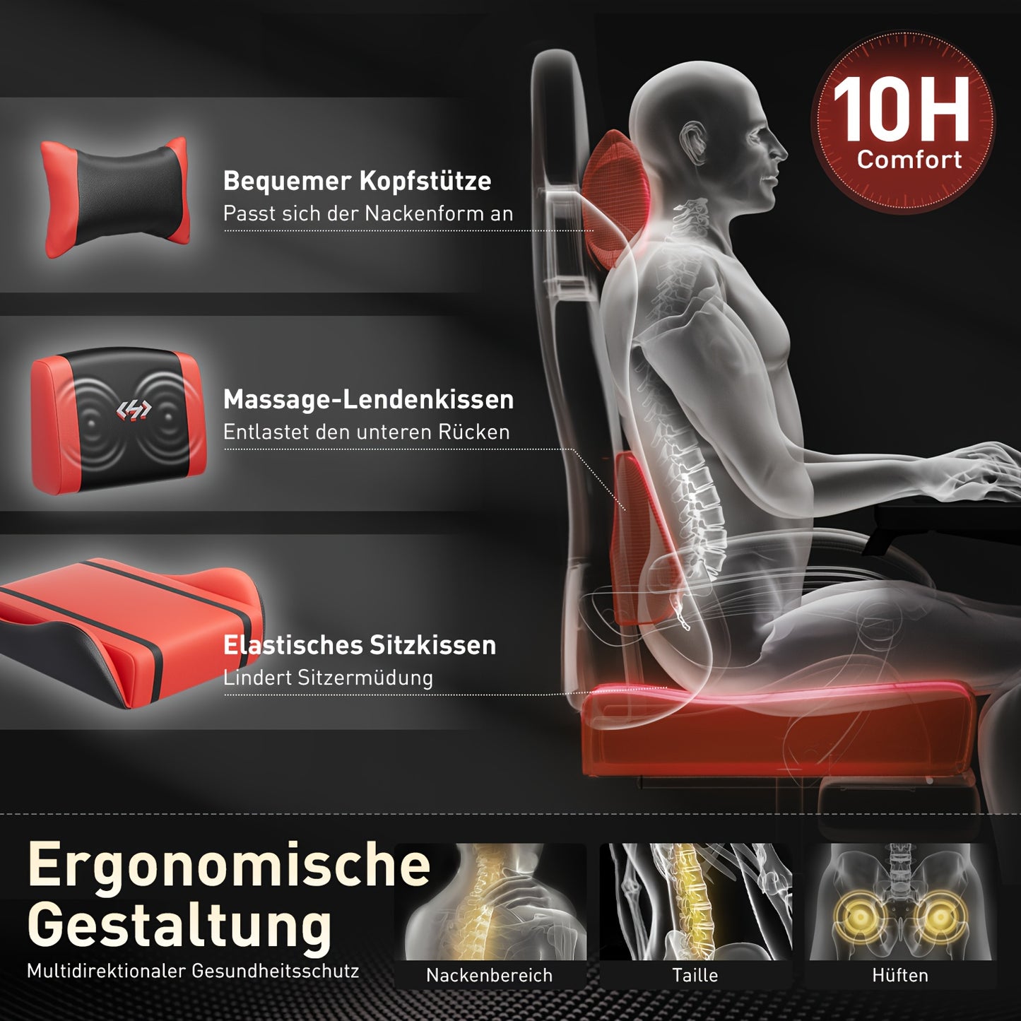 Gaming-Stuhl mit Massagefunktion – ergonomischer Racing Chair mit Fußstütze, Kopfstütze & Lendenkissen, gepolstert, bis 150 kg belastbar, ideal für PC & Konsole