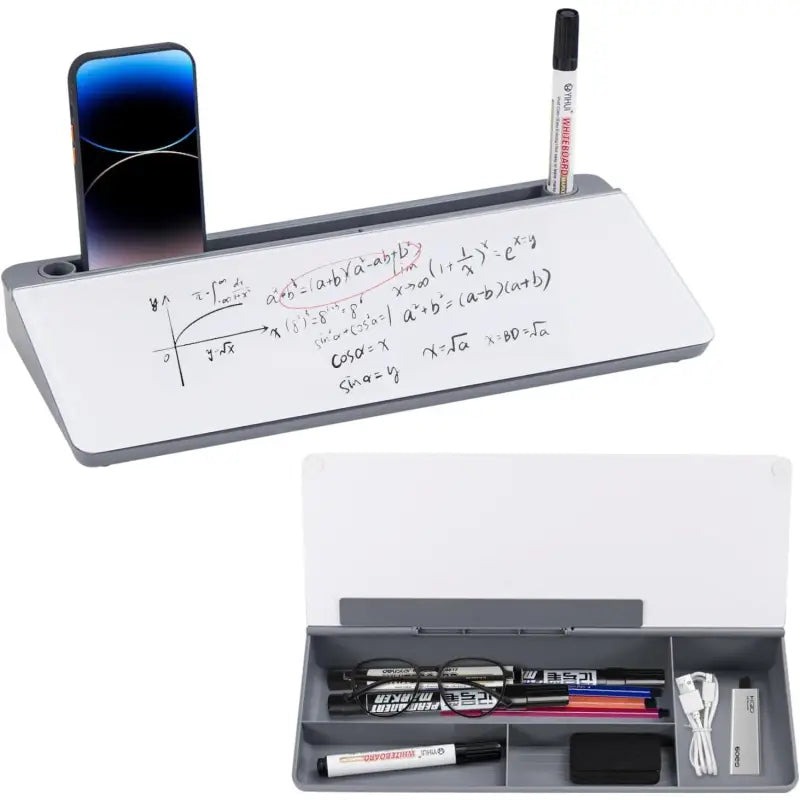 Graues schreibtisch-whiteboard mit integrierter handyhalterung und stifthalter als desktop memoboard weiß
