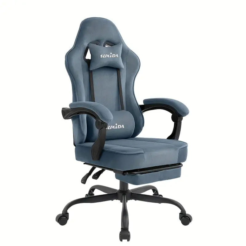 Blauer gaming chair samt mit fußstütze ergonomisch drehbar memory foam mit gepolstertem kopfkissen online bestellen