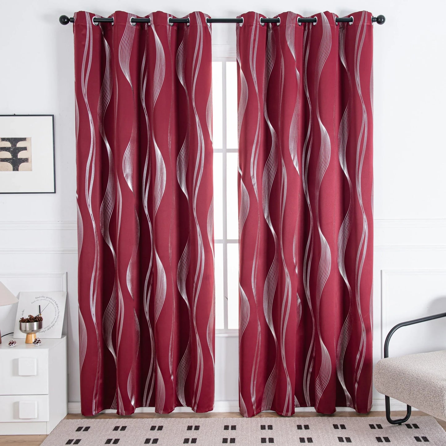 Verdunkelungsvorhänge mit Ösen - Geometrische Wellen-Muster Silber - 213cm Lang, Blickdicht & Wärmeisolierend (2er Set) - FUXLShop