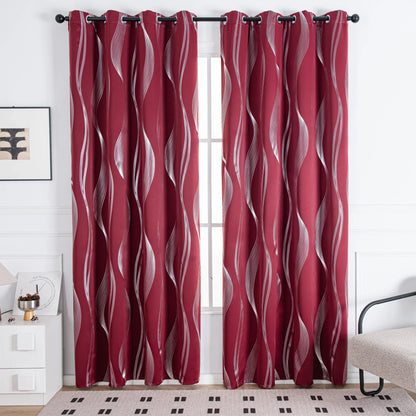 Verdunkelungsvorhänge mit Ösen - Geometrische Wellen-Muster Silber - 213cm Lang, Blickdicht & Wärmeisolierend (2er Set) - FUXLShop
