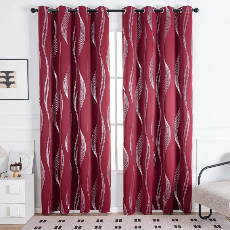 Verdunkelungsvorhänge 2er set 213cm lang mit geometrische wellen-muster silber und weißen wellen auf rot