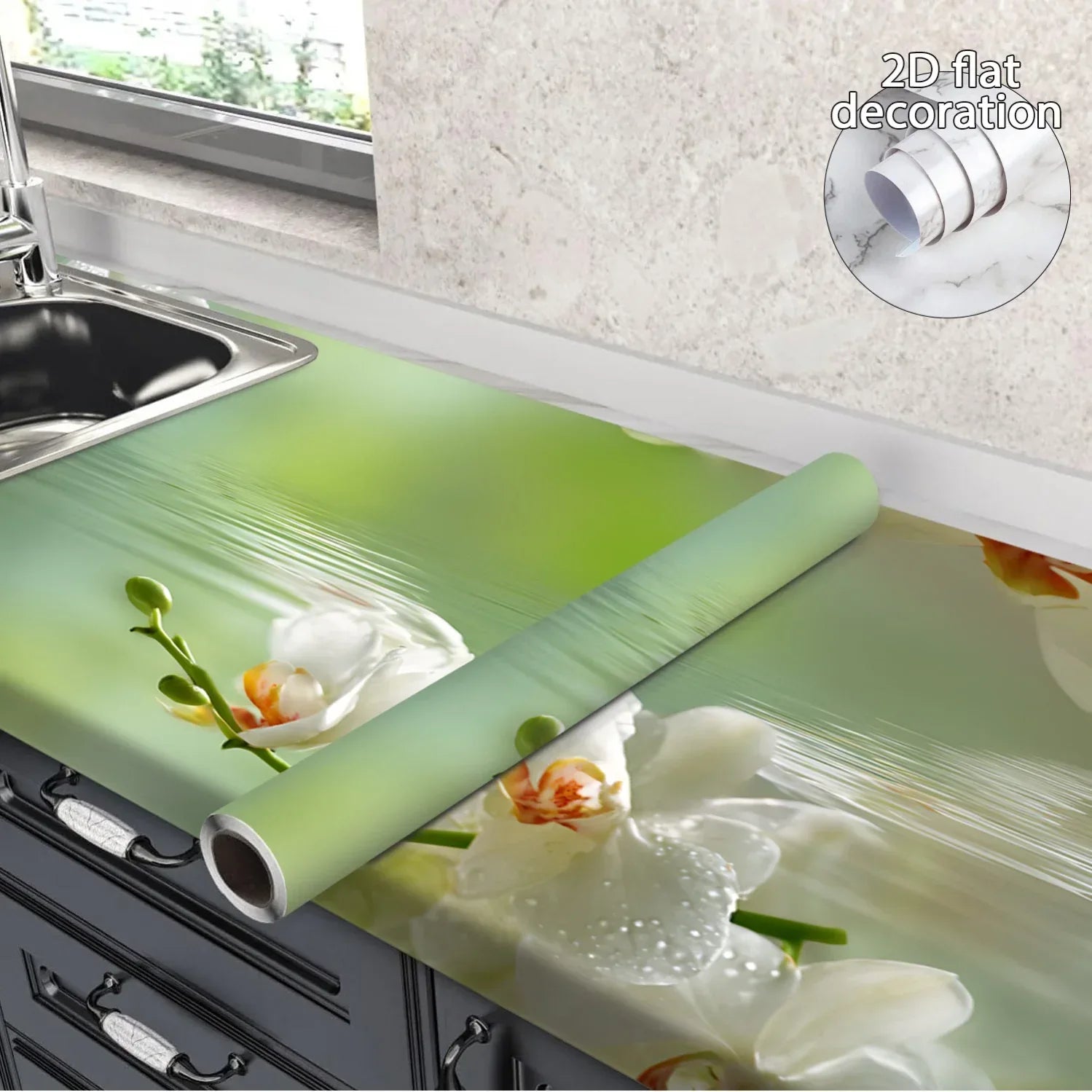 Selbstklebende Vinyl-Tapete Wasser & Blumen (20-40cm x 3m) – Abziehen & Aufkleben für Fenster, Schränke & Arbeitsplatten - FUXLShop
