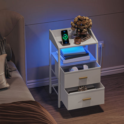 2er-Set LED-Nachttische mit Ladefunktion, Stoffschubladen & USB/Steckdose – Weiß/Schwarz