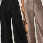 Gewobene strohtasche mit braunen ledergriffen und wellenrand zum elegantes damen-zweiteiler-set mit wide leg online bestellen