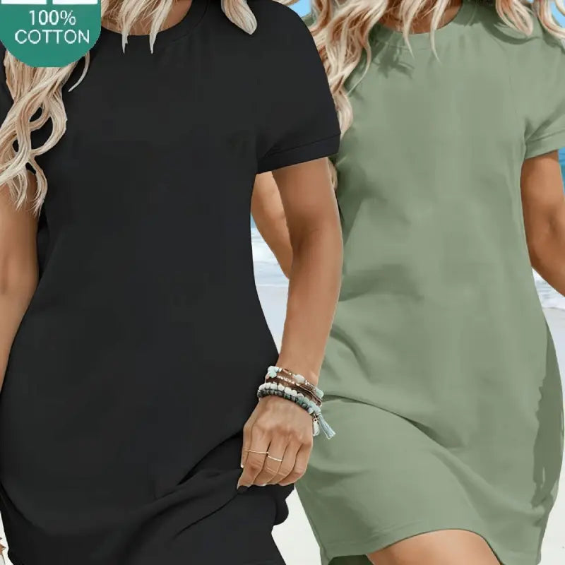 Schwarzes und olivgrünes plus size damen hauskleid 2er-set aus 100% baumwolle kurzärmlig atmungsaktiv