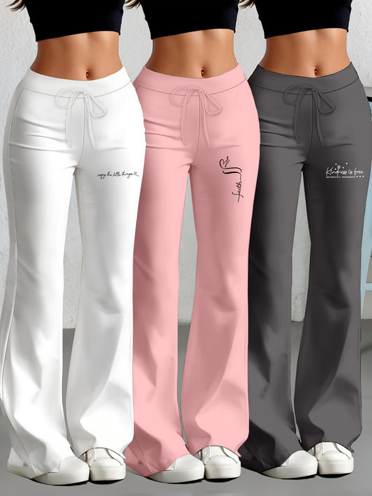 3er-Set Damenhosen mit geradem Schnitt & ausgestelltem Bein, englischem Textdruck, elastischem Stoff – stylisch & bequem für Alltag & Freizeit