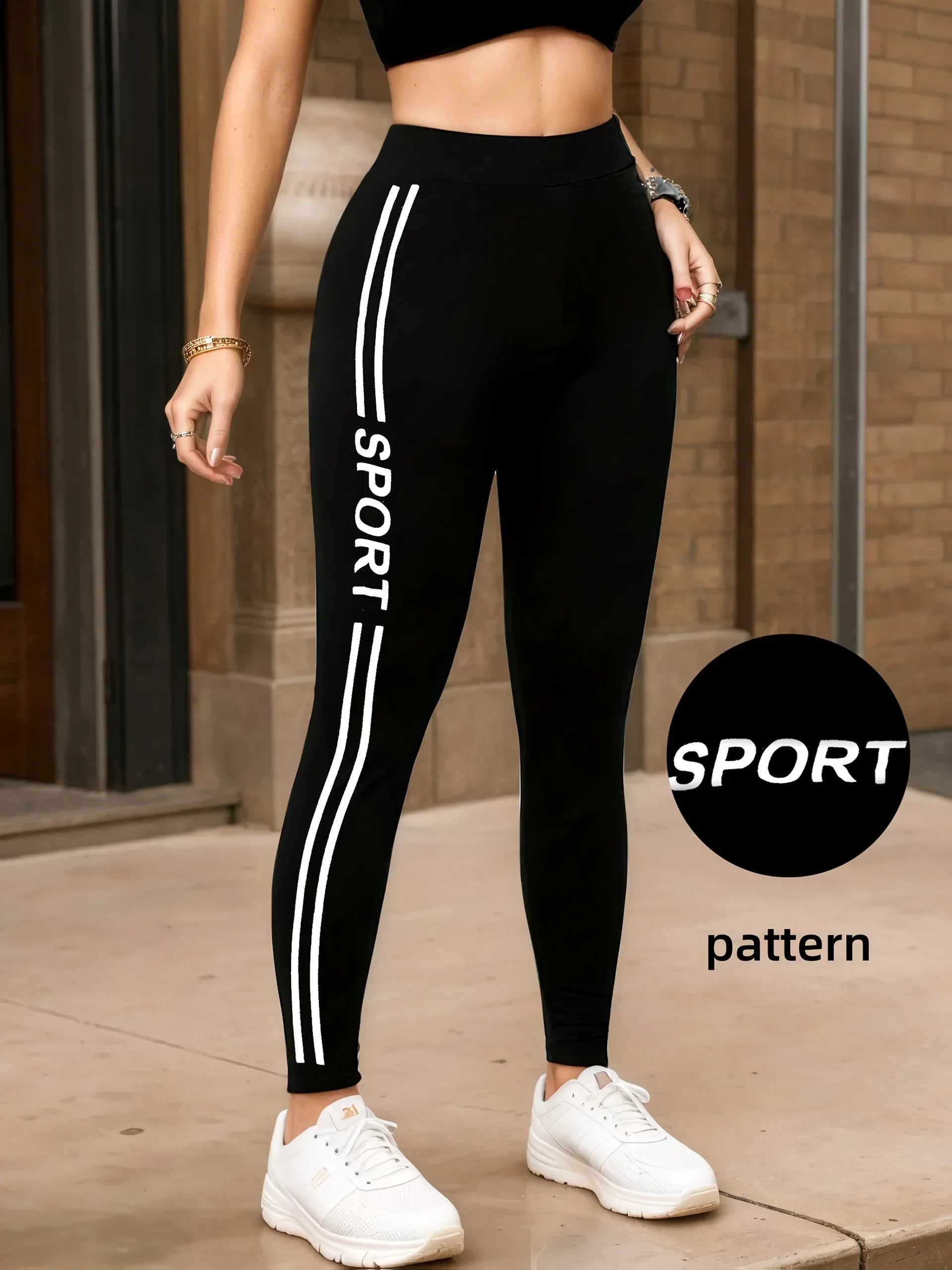 Damen Leggings Schwarz Cropped – Hoch-Elastisch, Letter Print – Sport & Freizeit S-XXL - FUXLShop