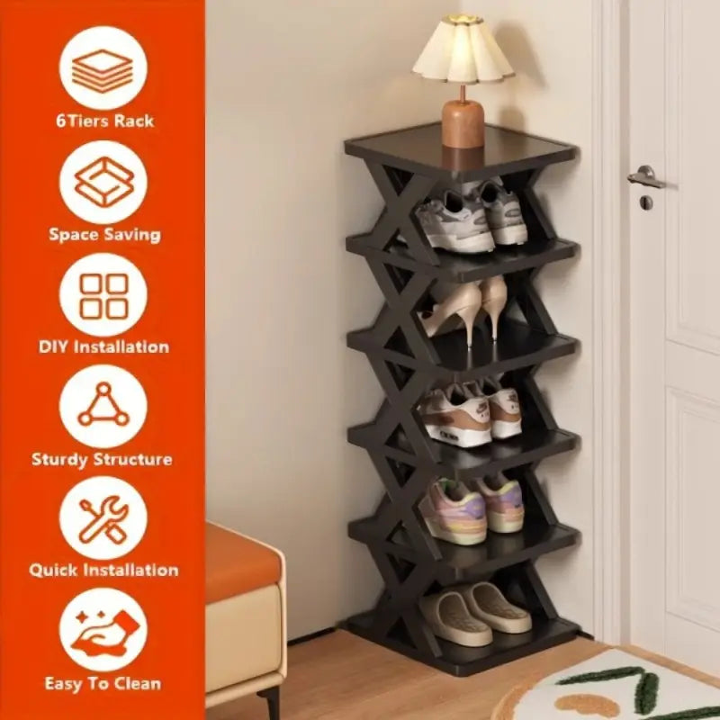 Schuhregal freistehend schwarz sechs etagen schmal kunststoff mit geometrischem x design für flur und garderobe