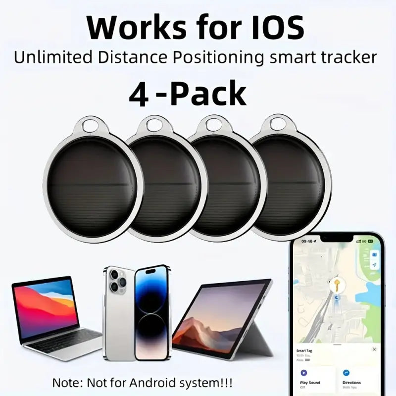 Silberne runde smart tracker tags mit schwarzer strukturierter oberfläche für apple ios zur suche von schlüsseln koffer geldbeutel und rucksack