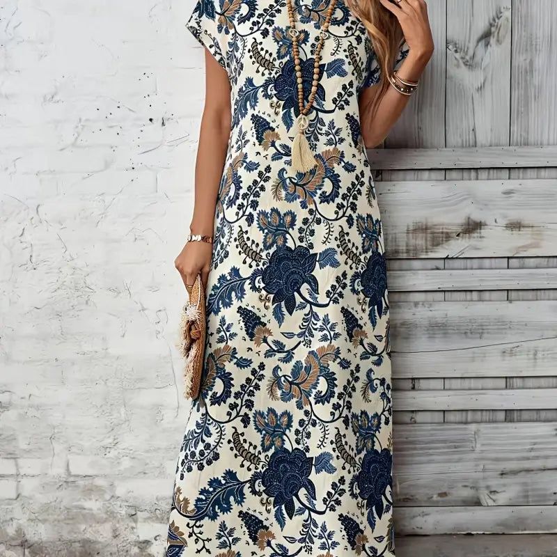 Eine frau trägt ein off-white damen blumenkleid kurzarm mit navyblauen und sandfarbenen floralen mustern