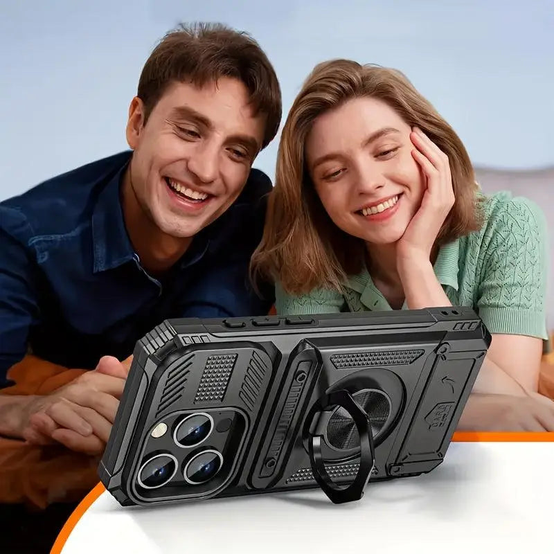Schwarze stoßfeste handyhülle mit metallhalter und texturiertem griff auf der rückseite heavy duty online bestellen