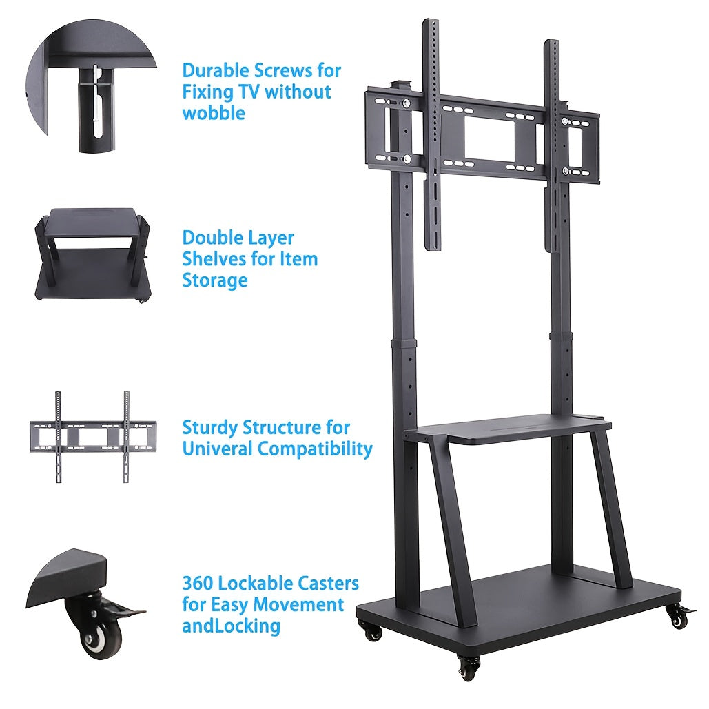 Mobiler TV-Ständer mit Rollen – Höhenverstellbar, stabiler Bodenständer für 32–100 Zoll Flachbildschirme – bis 80 kg Tragkraft, inkl. Ablage