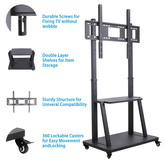 Mobiler TV-Ständer mit Rollen – Höhenverstellbar, stabiler Bodenständer für 32–100 Zoll Flachbildschirme – bis 80 kg Tragkraft, inkl. Ablage